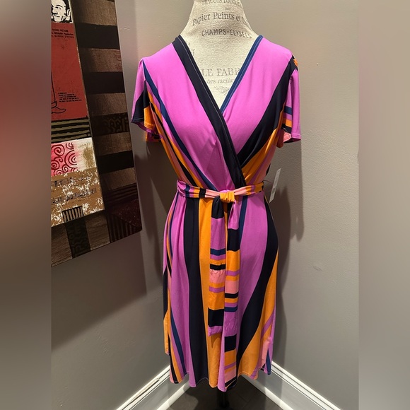 Donna Morgan Dresses & Skirts - Donna Morgan Pink, Orange & Black Striped Faux-Wrap Midi Dress